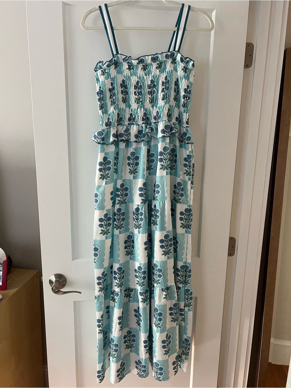 Blue & White Floral Smocked Maxi Dress